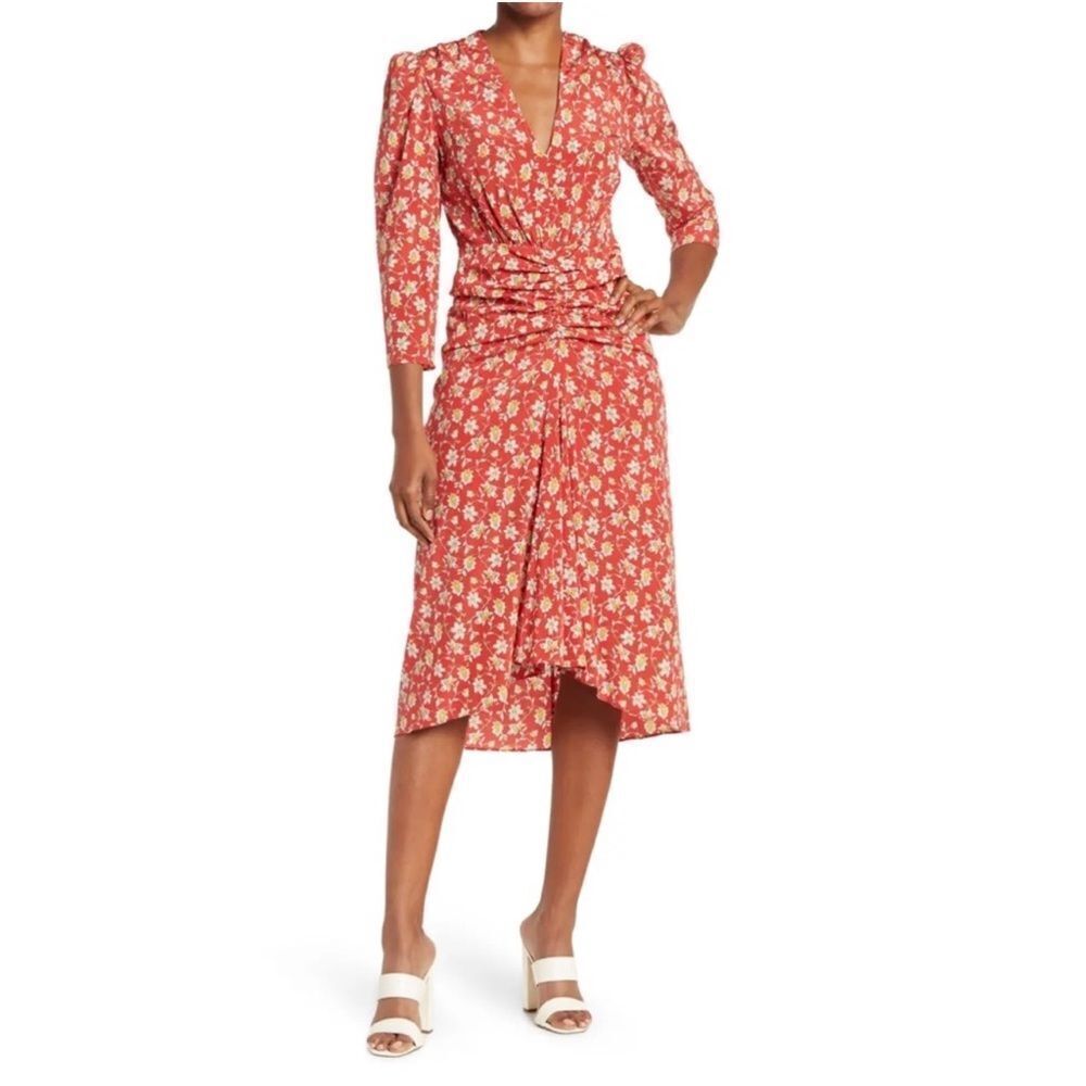 NWT Veronica Beard Mary Silk Ditsy Floral Ruched Midi Dresss in Red Multi size 2